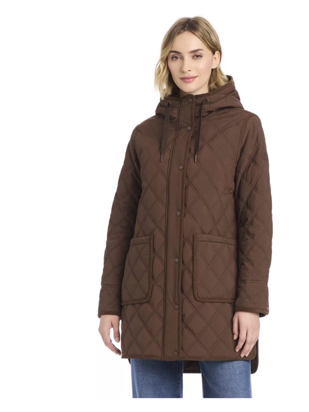 Modern Supply Sanctuary Quilted Hooded Mid-Length Coat in Brown